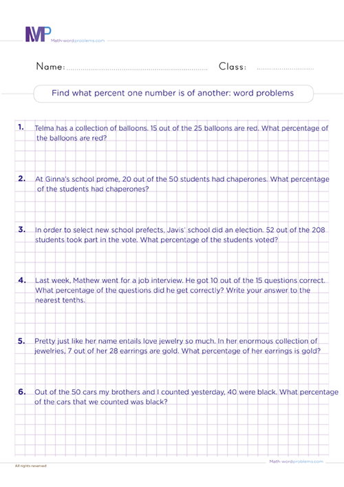 Find what percent one number is of another word problems worksheet